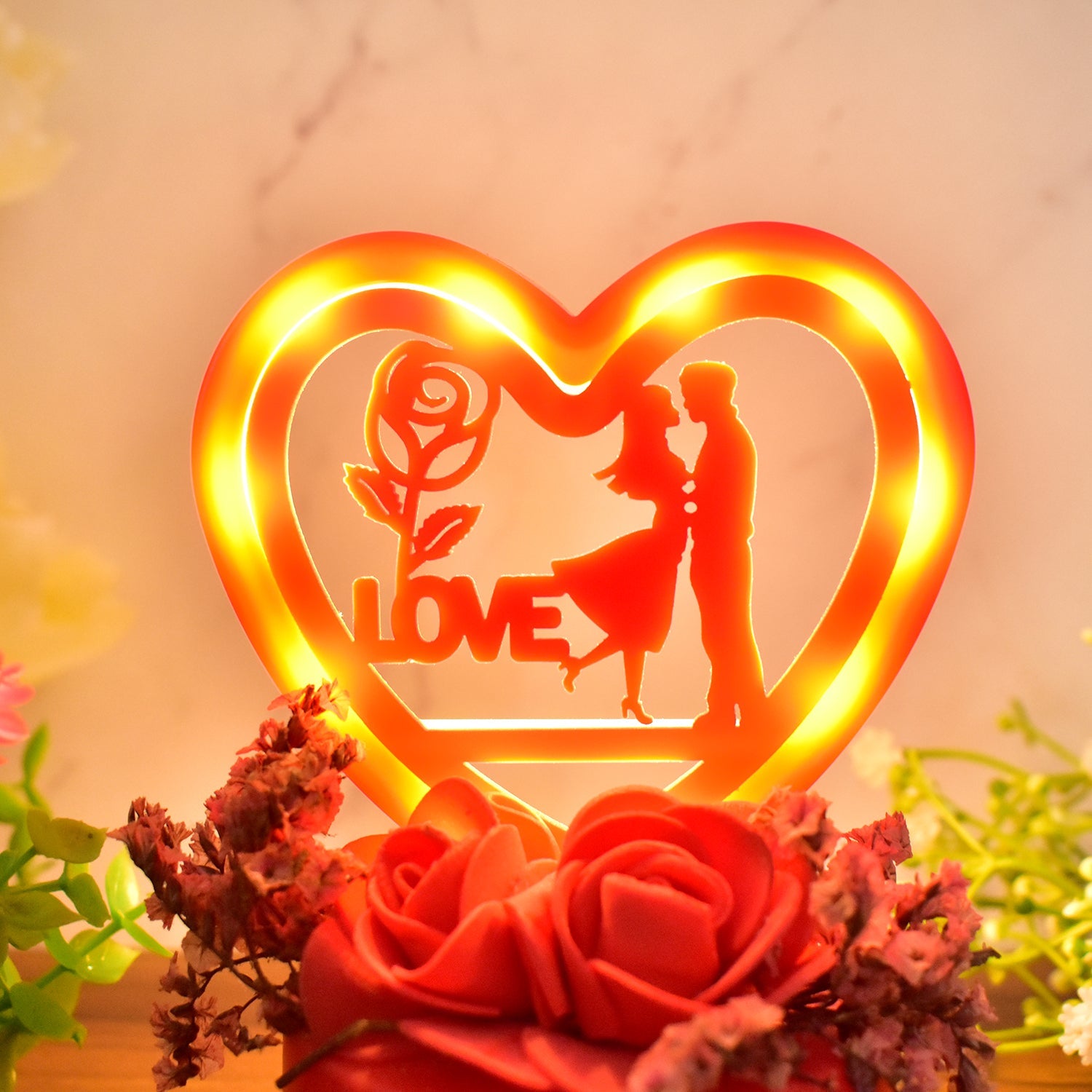 Romantic Heart-Shaped Love Couple Decorative Showpiece with Rose Base (1 Pc) Romantic Heart-Shaped Love Couple Decorative Showpiece with Rose Base (1 Pc)